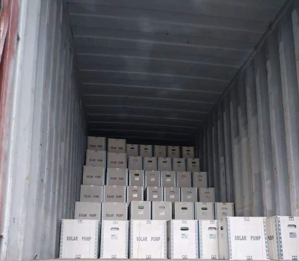 Container loaded with solar pump cartons