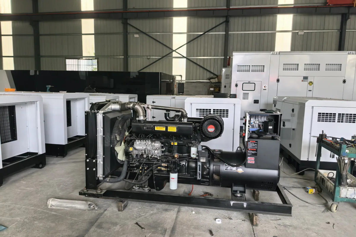 Open-frame diesel generator sets on the assembly floor — radiator, engine, alternator and control cabinet