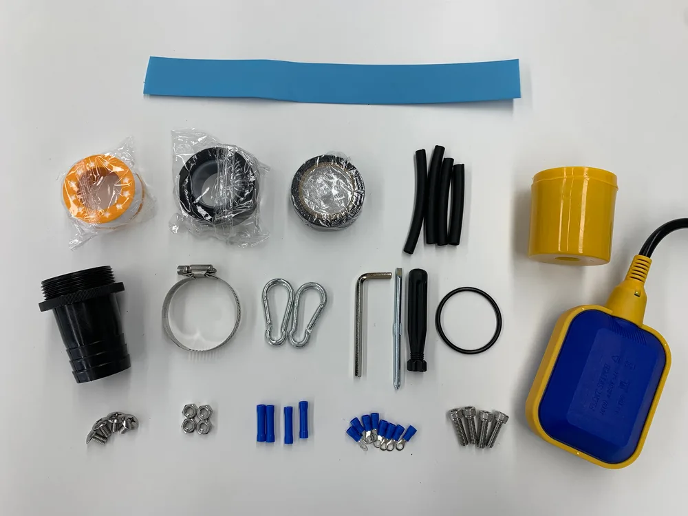 Borehole pump parts kit with float switch, rope clamps and joints